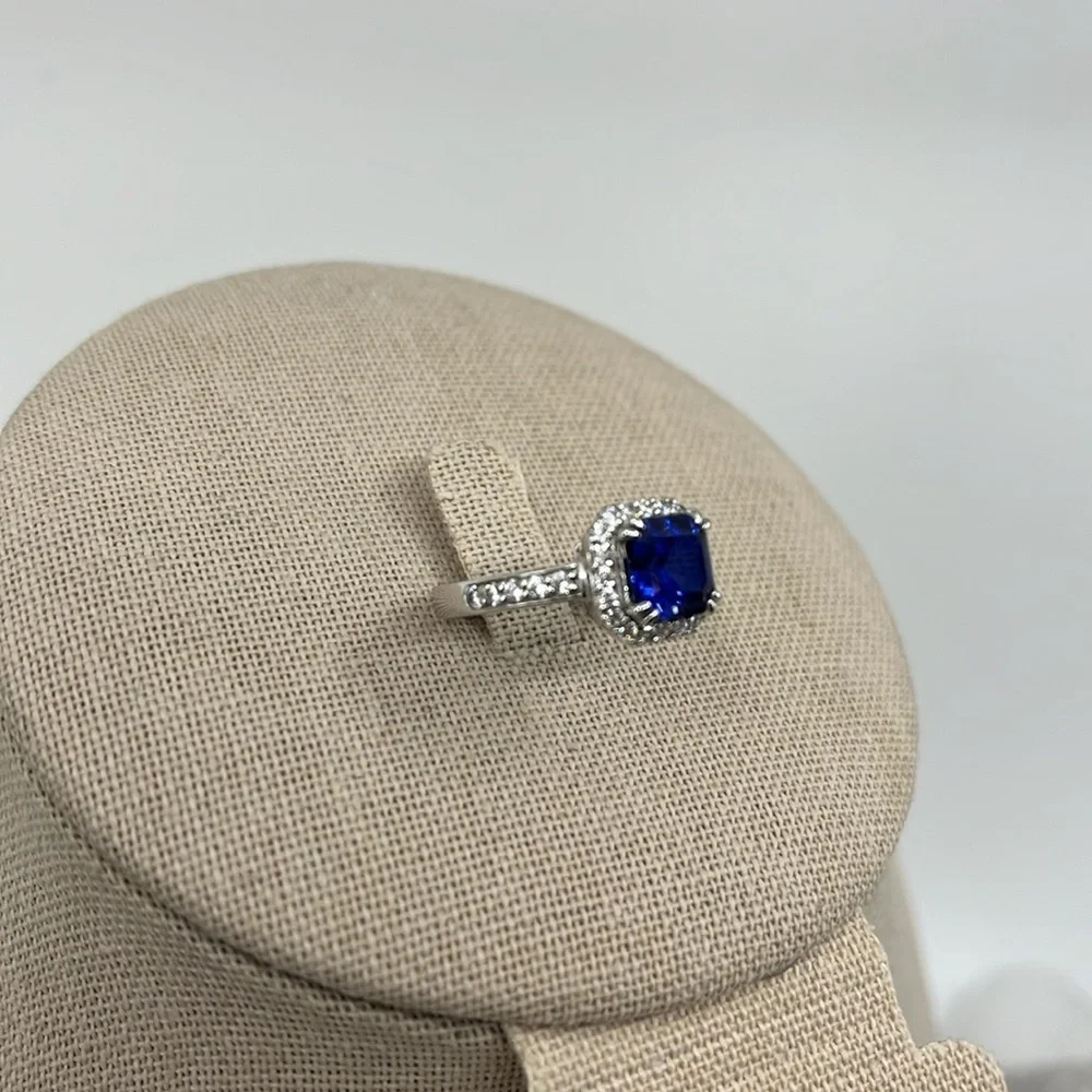 Sterling Silver 925 ๐ Blue Sapphire CZ Halo Ring - Size 7 - Picture 4 of 17
